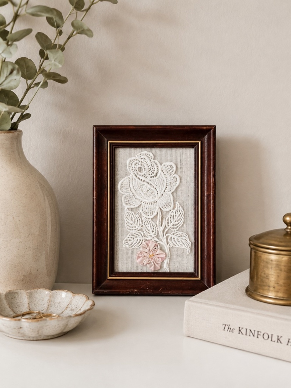 Vintage Framed Lace Dainty Flower Country Farmhouse Cottagecore Wall Art